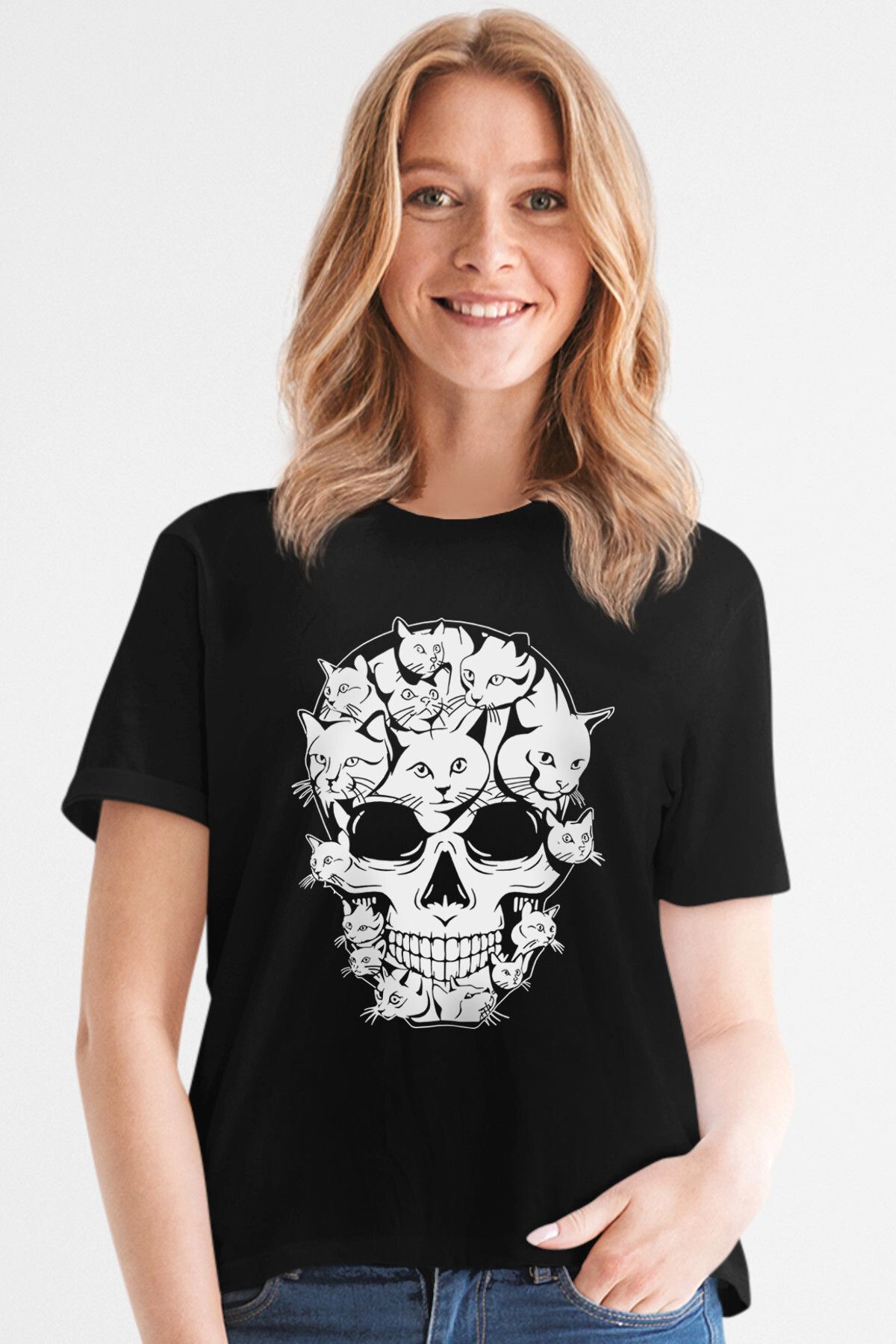 ROCKANDROLL Miyav Kurukafa Siyah Kısa Kollu Kadın T-shirt