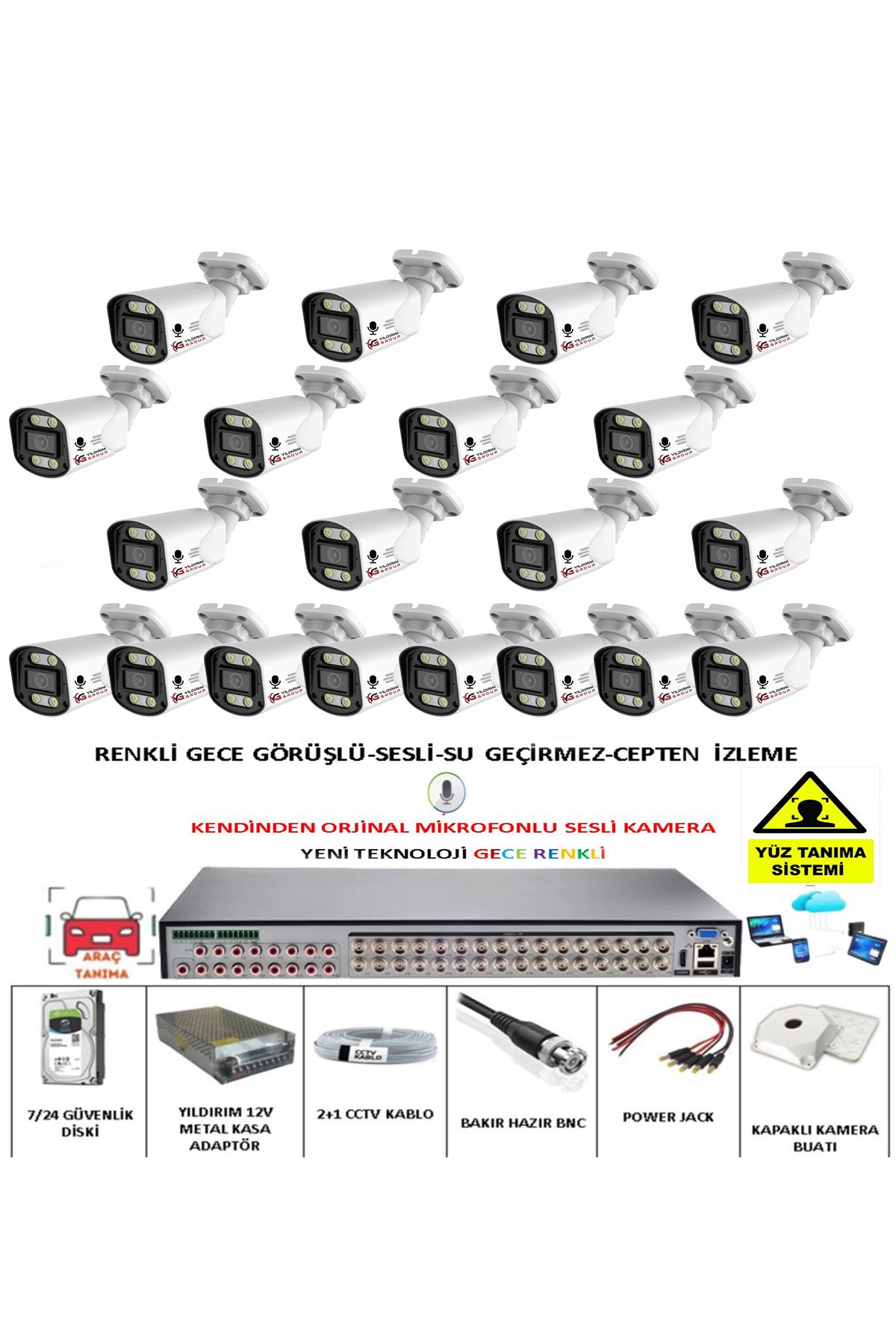YILDIRIMGROUP 20 Lİ SESLİ GÜVENLİK KAMERASI 5 MP GECE RENKLİ YÜZ VE ARAÇ TANIMALI FULL HD KAMERA SİSTEMİ