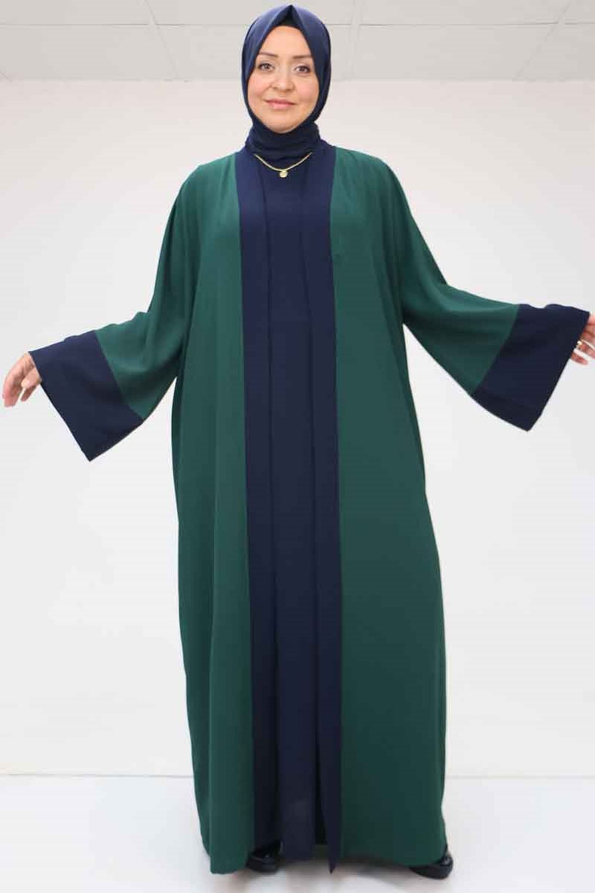 Eslina 57204 Büyük Beden Patı Garnili Etamin Elbiseli Abaya - Zümrüt-Lacivert