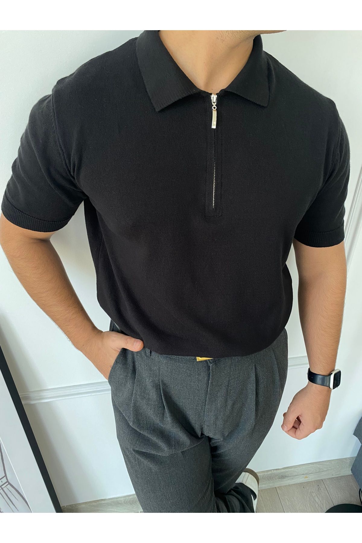 bonnline Pamuk Fermuarlı Oversize Polo Yaka Kısa Kollu Triko Tişört