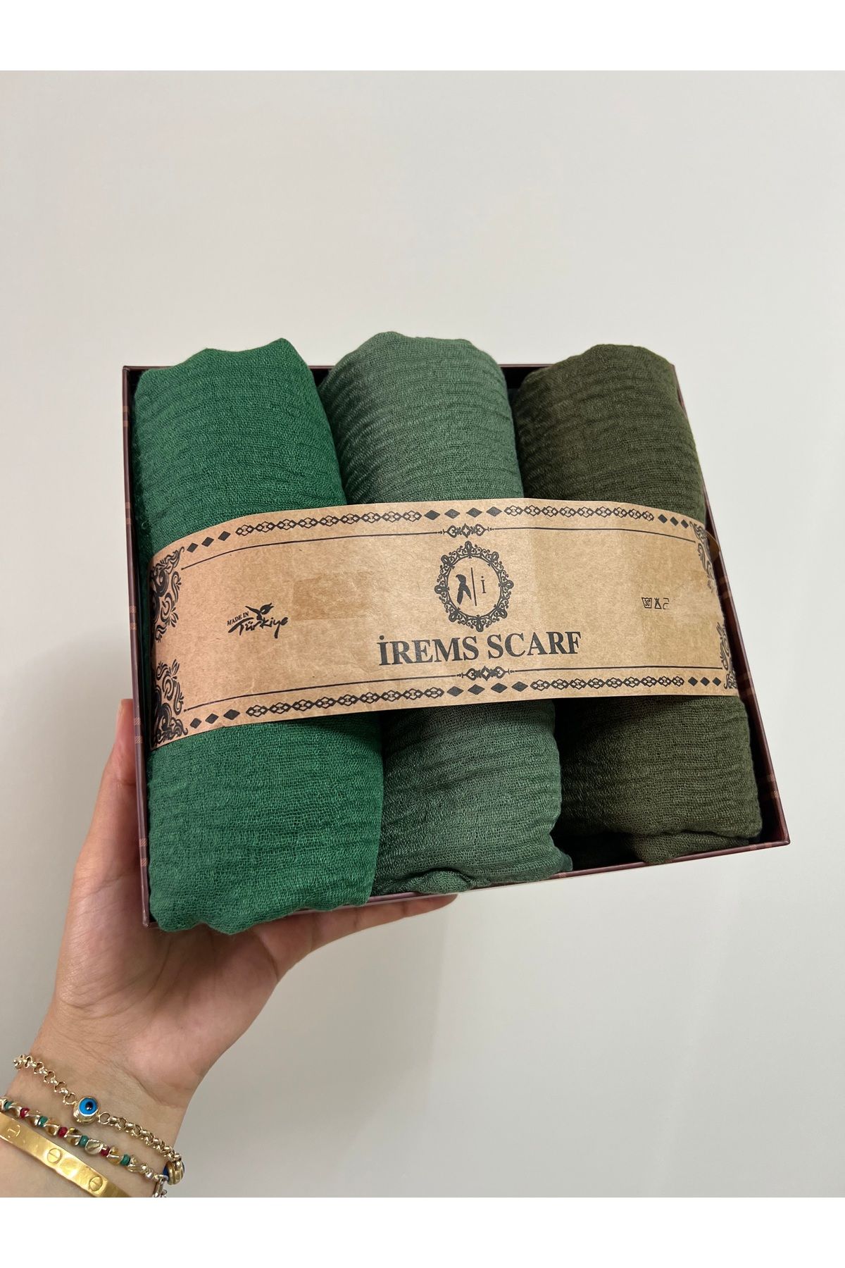 shop İremssscarf 3 lü Bürümcük şal seti (Zümrüt-haki-nane)