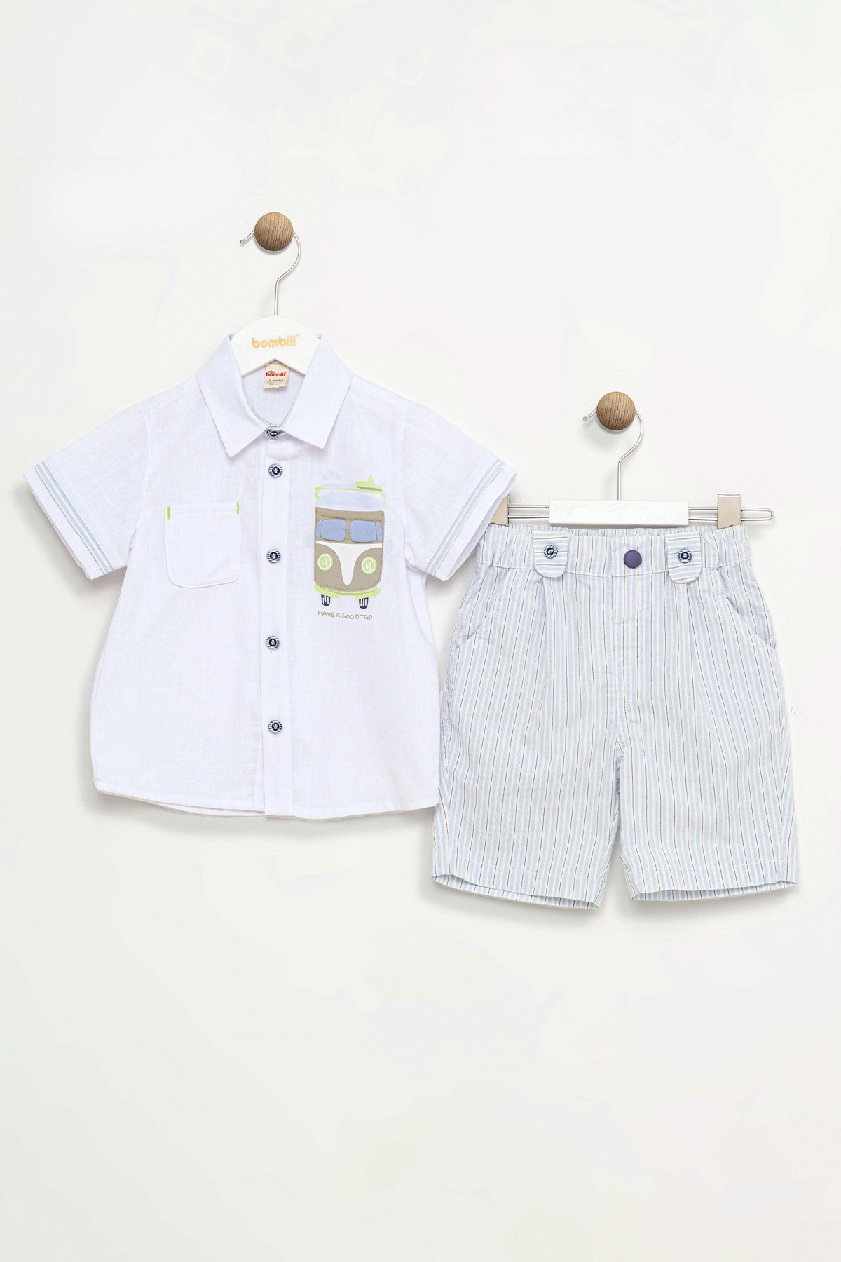 Bombili-Short Sleeve Button Embroidered Shirt Striped Elastic Pocket Cotton Shorts Baby Boy Set 1