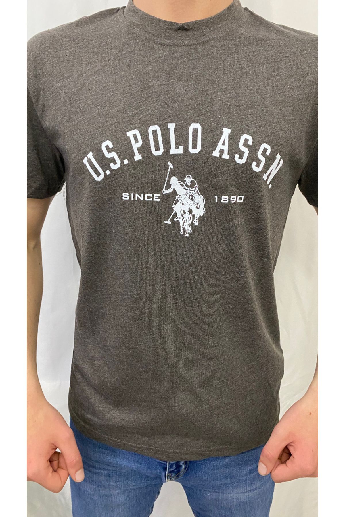 POAT U.S. Polo Assn. Erkek Gri Bisiklet Yaka Logo Baskılı T-shirt