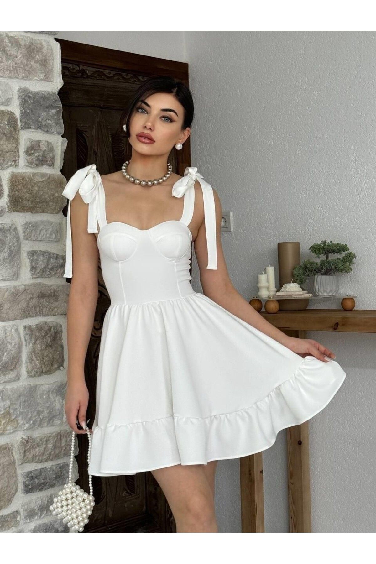 Orihime Kadın Eteği Volanlı İp Askılı Bağlamalı Mini Elbise