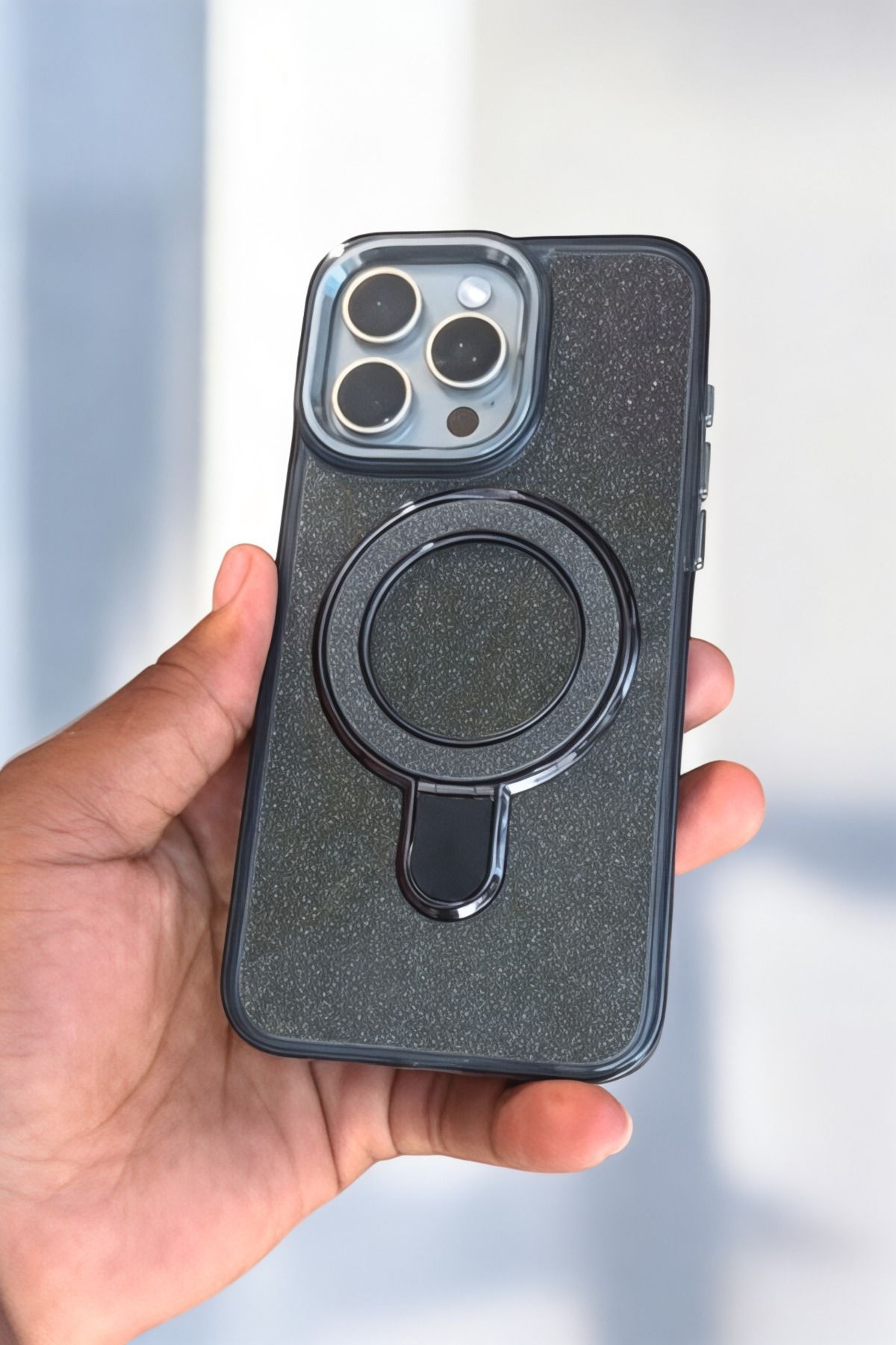 ProNorth Apple İphone 15 Pro Uyumlu Kılıf Simli Standlı Tasarım Premium Kılıf