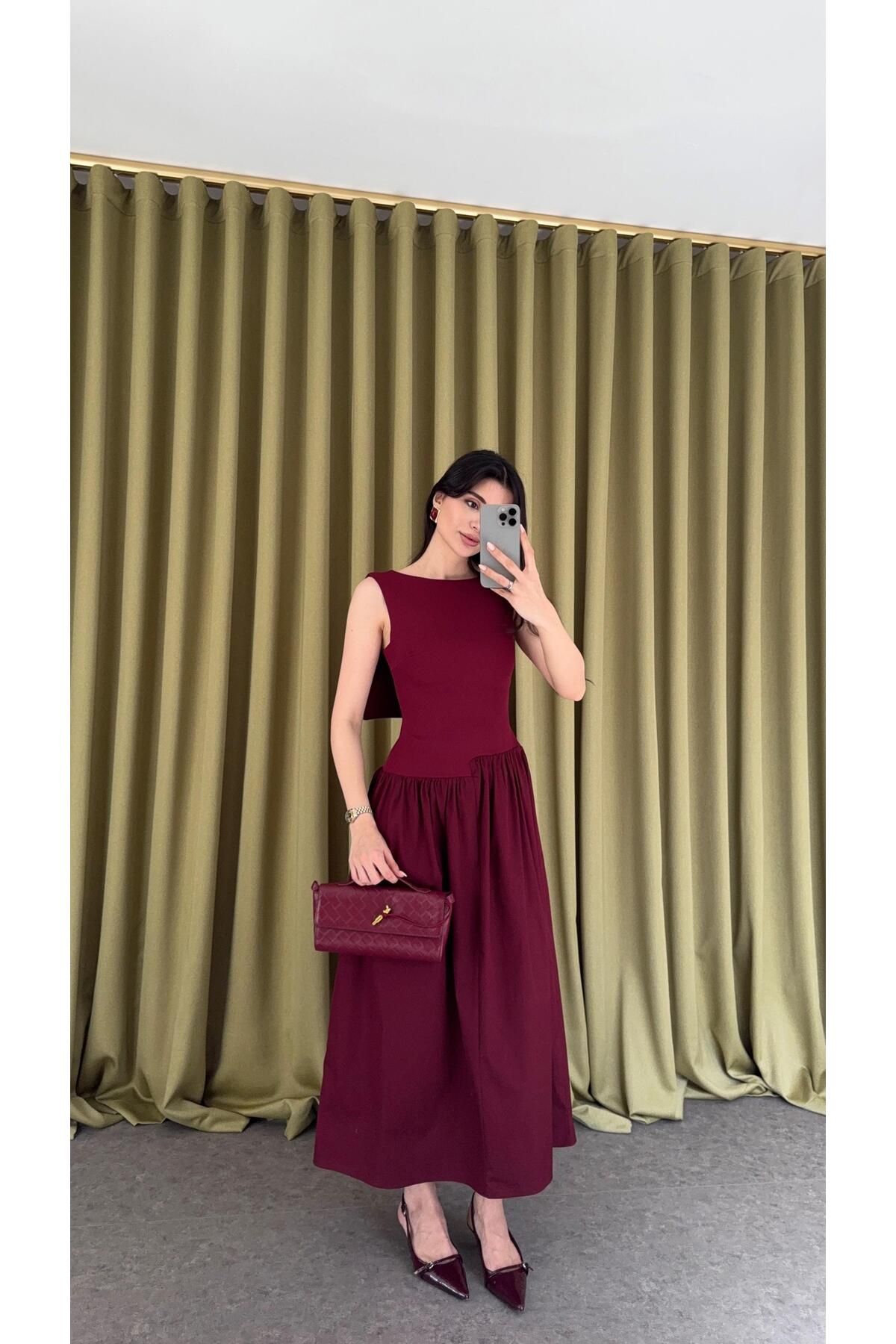 HAZELANNA Asimetrik Bordo Elbise