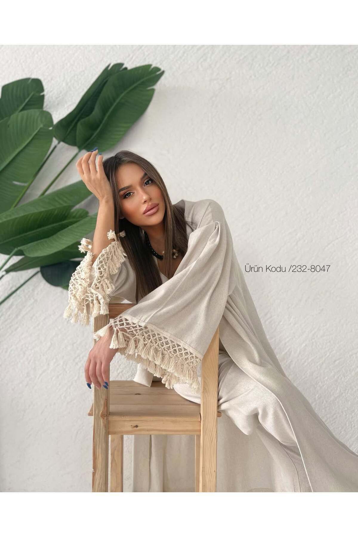 Lux Home Istanbul Püsküllü Bohem Keten Kimono & Pantolon Takım