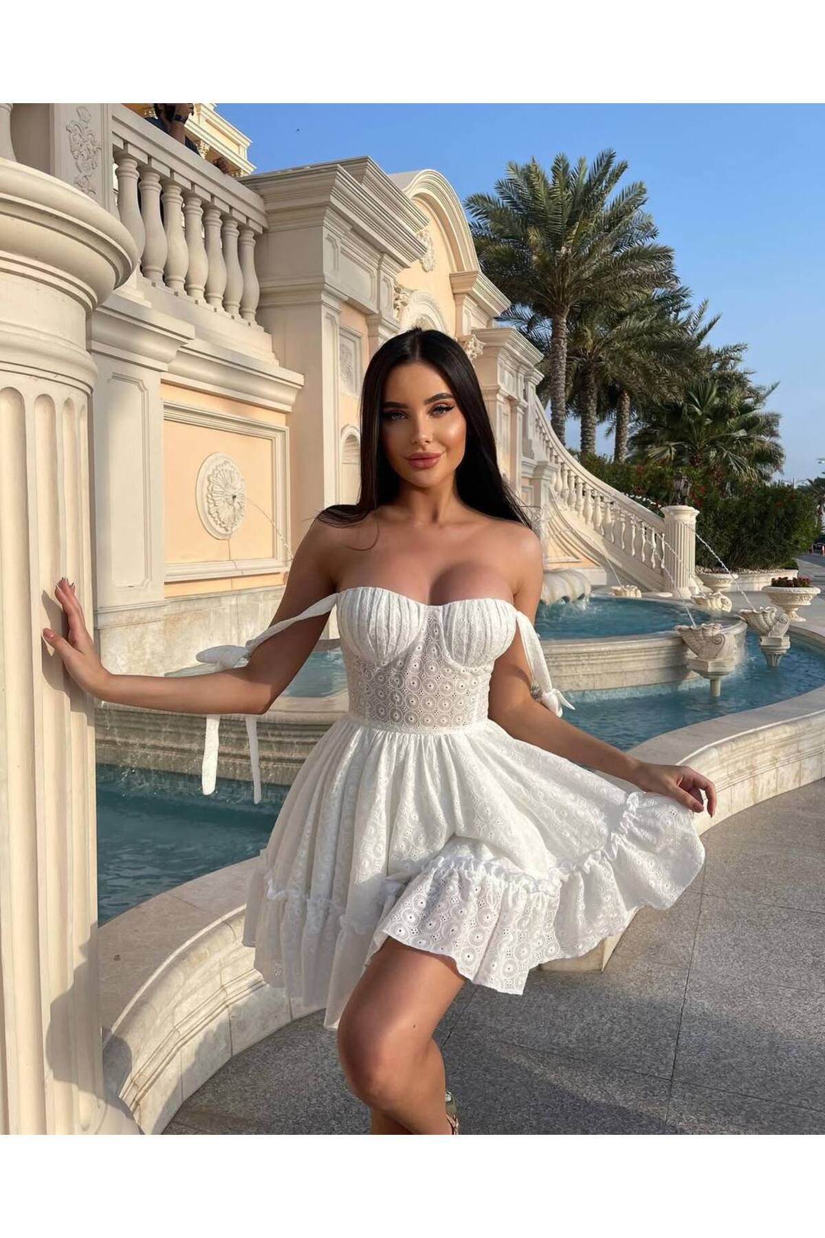 PleasureOfSilk Vual Brode Beyaz Elbise