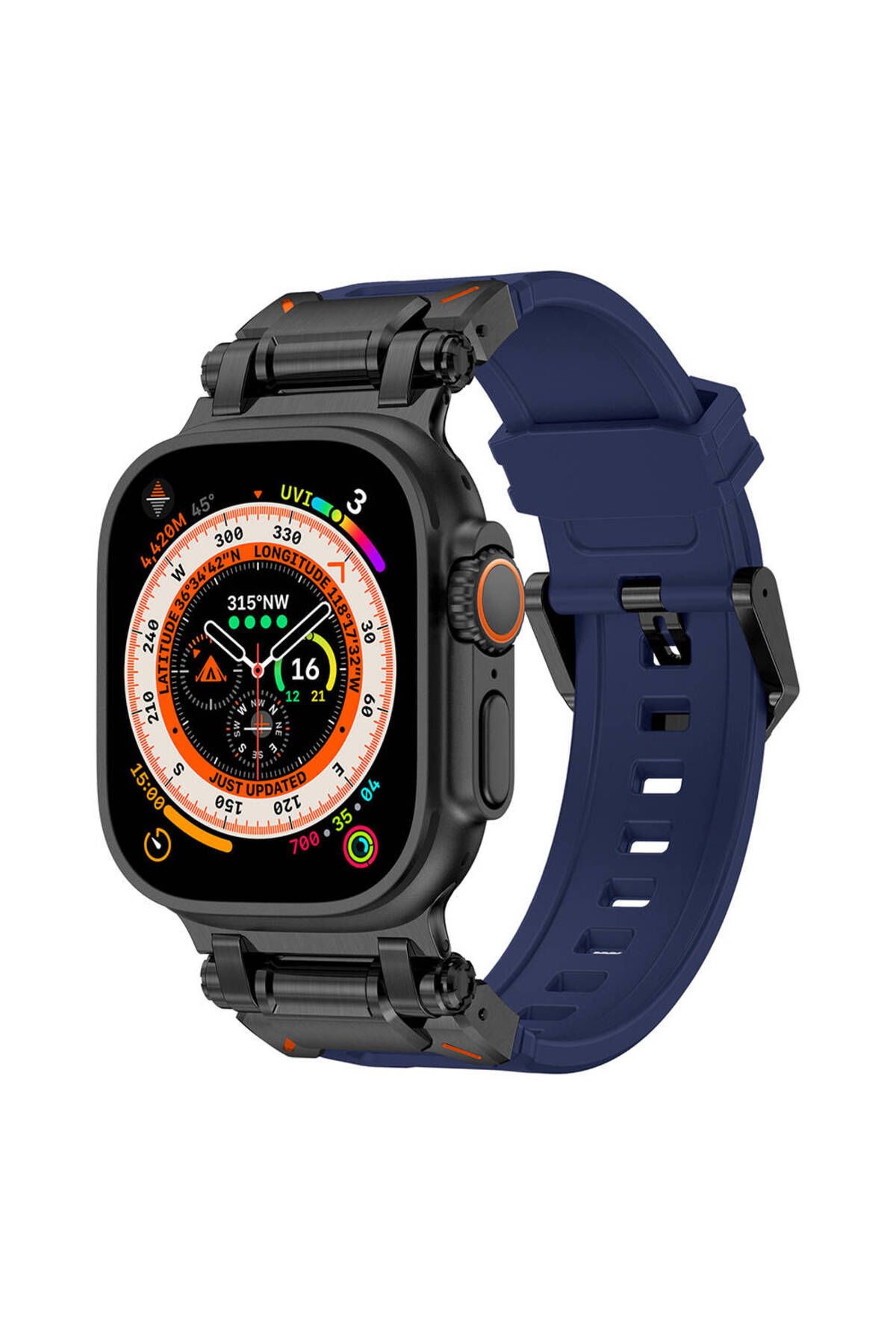Mergetech Watch Ultra 49mm MRGT- KRD-101 Titanyum Metal Başlıklı Silikon Kordon-Siyah-Mavi