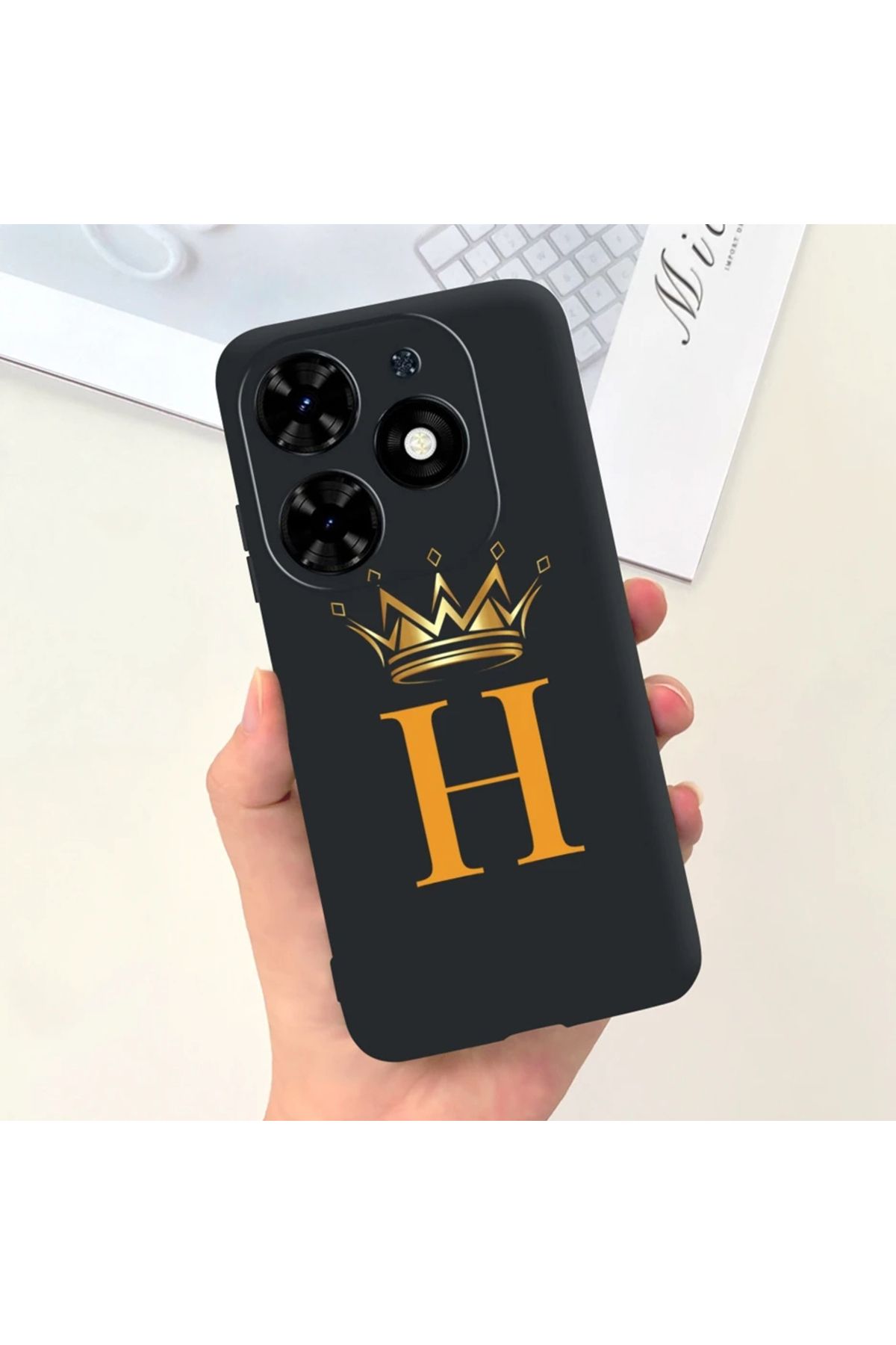 Rotaks İnfinix Hot 40i Uyumlu Harfli Taç Baskılı Kişiye Özel Silikon Telefon Kılıfı - H