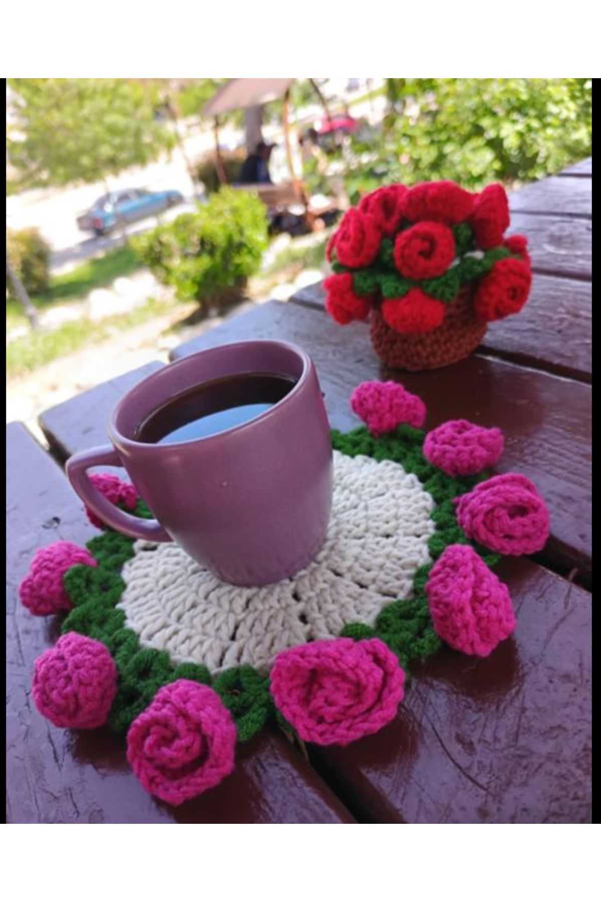 Butik ZA Handmade gül detaylı bardak altlığı
