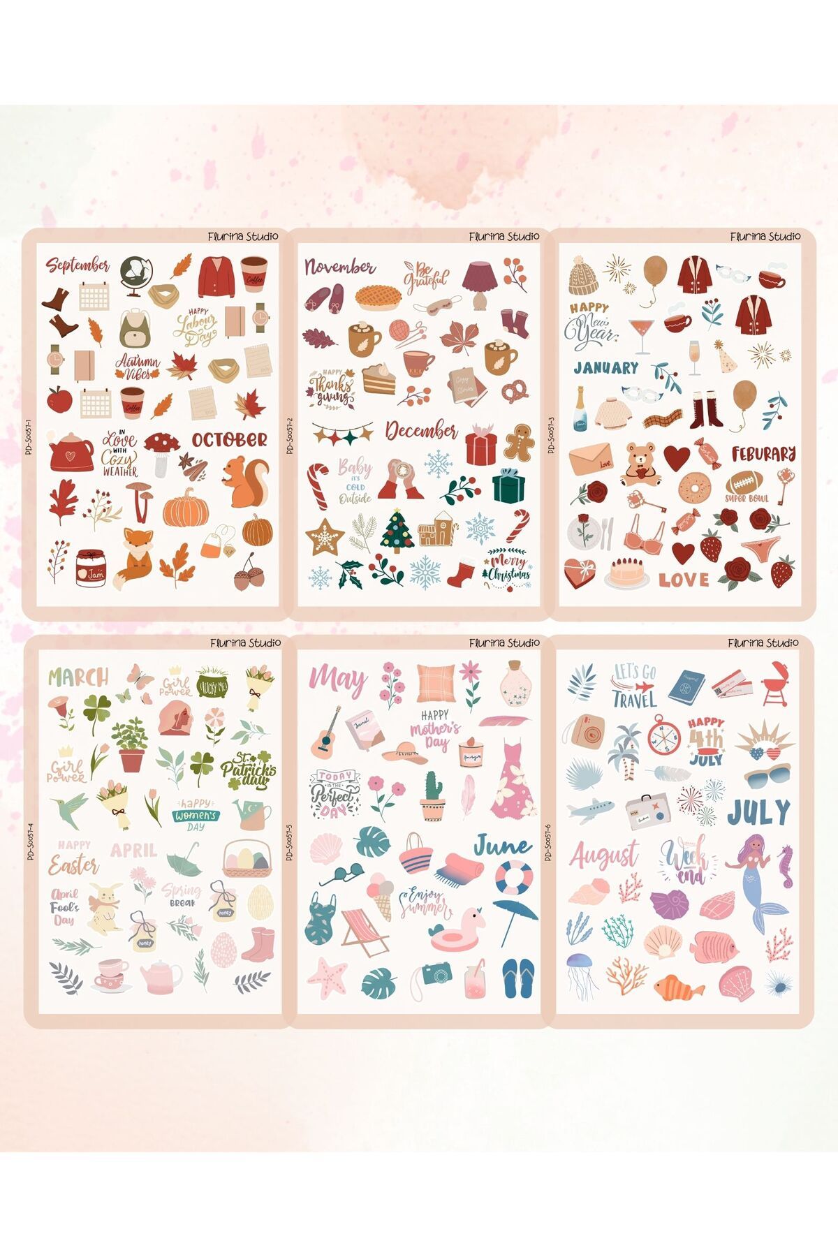 Flurina Studio Yearly Holiday 6 Sayfa Şeffaf Sticker Seti