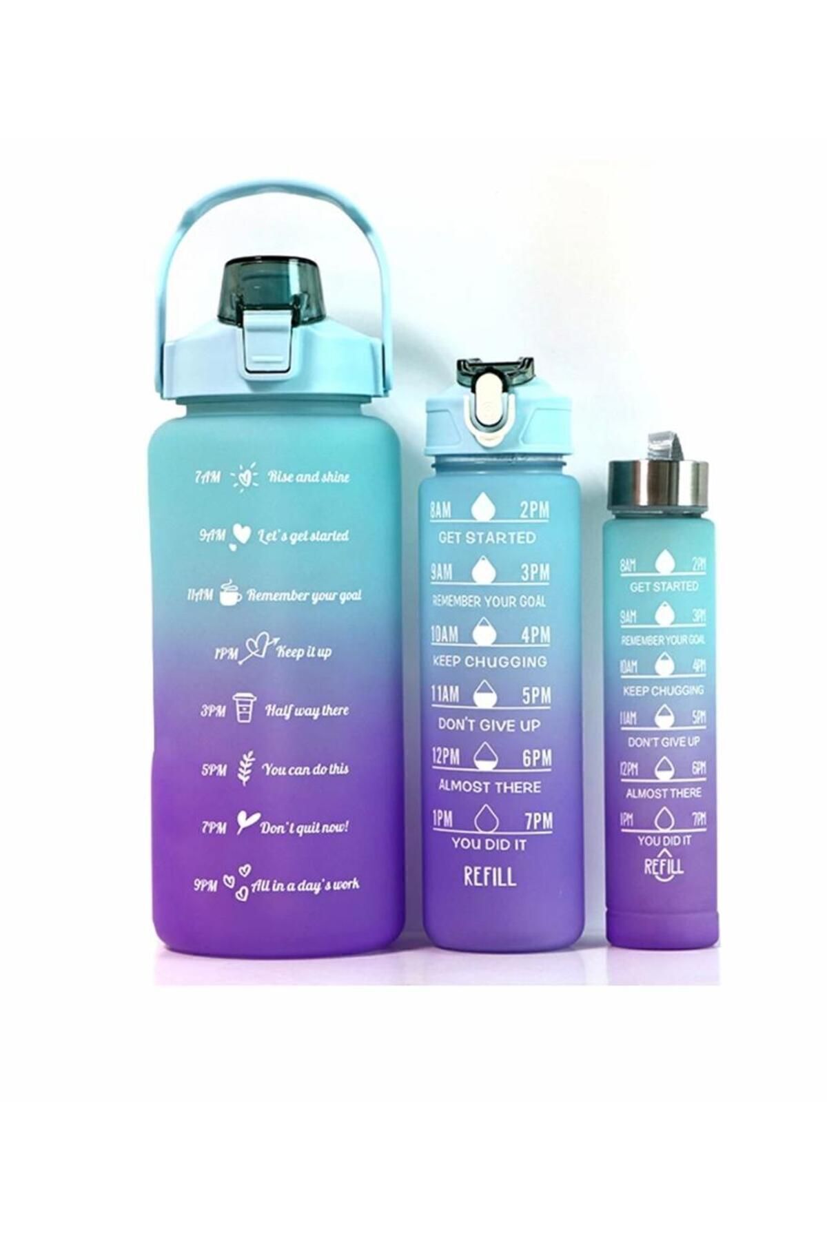 Motivasyonel 3 Lü Set Su Matarası 2 Lt 900 ml 600 ml Tritan Spor Salonu Suluk Pembe - 6
