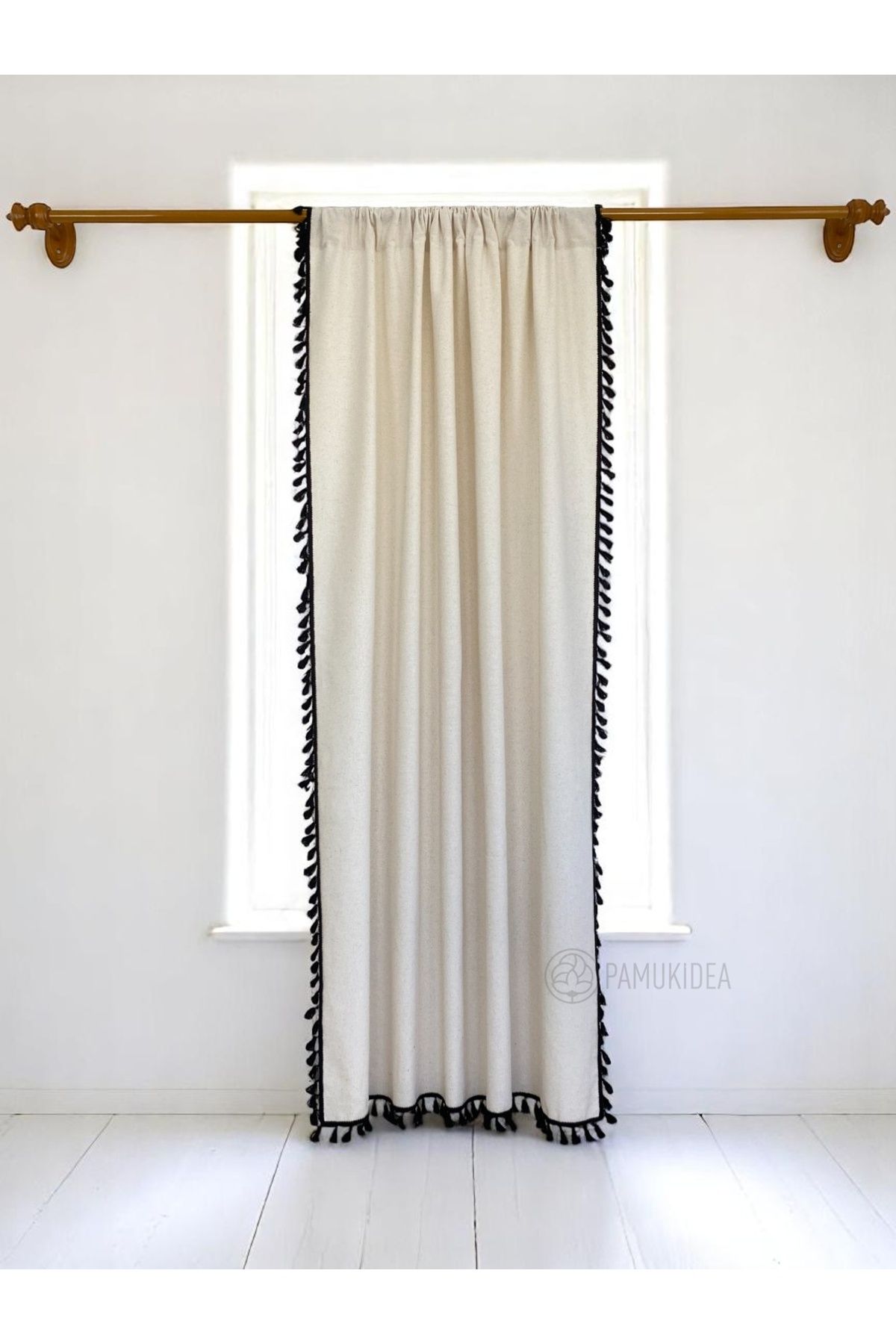 pamukidea-Rustic Pocketed Black Pompom - Tasseled 100% Cotton Buldan Linen Curtain - Single Wing - (Width X Length) 4