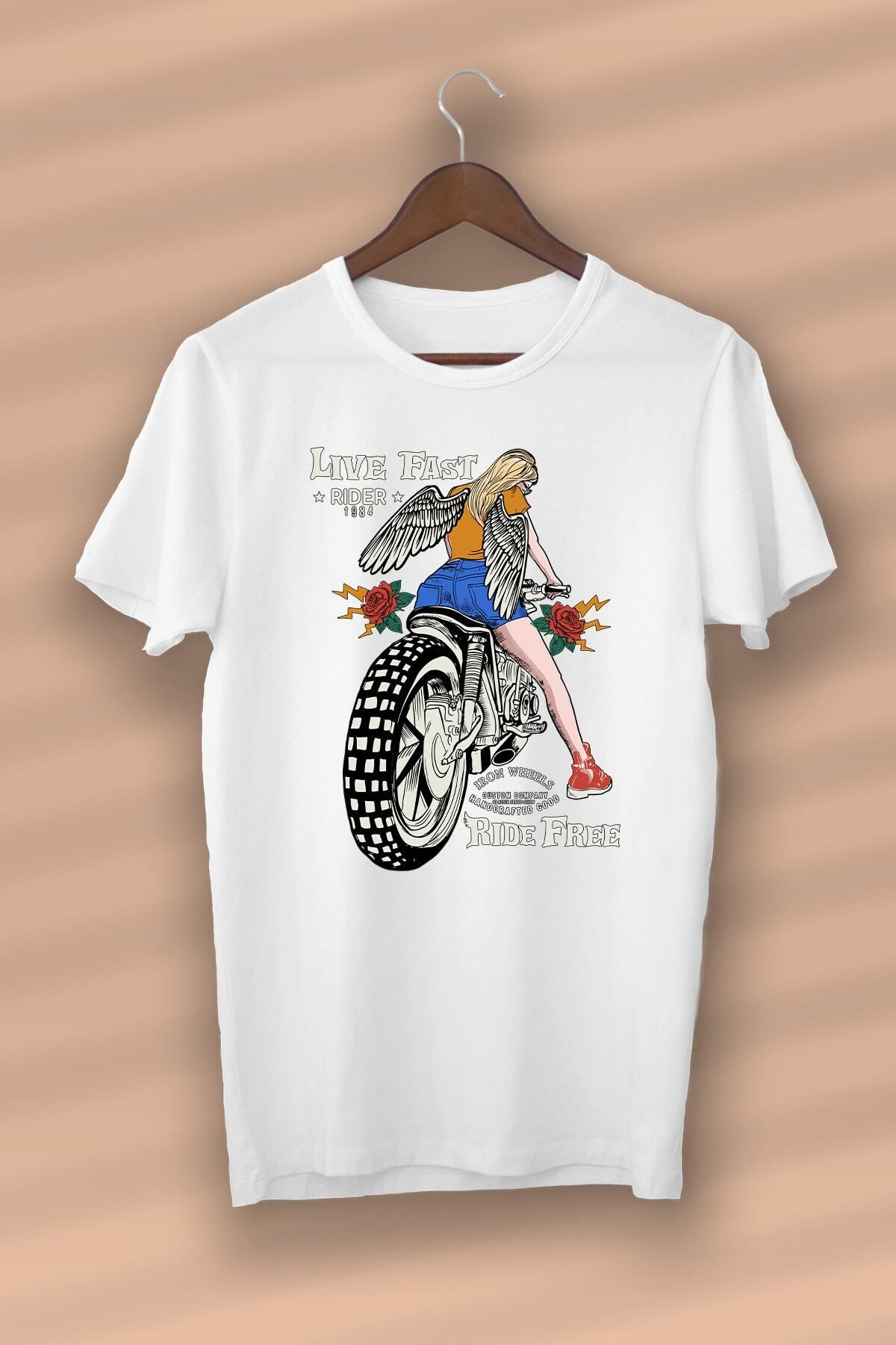 Pisa Art Motorcu Kadın Baskılı Organik Pamuk Beyaz Unisex - Kadın - Erkek- T-shirt Nux Boutique