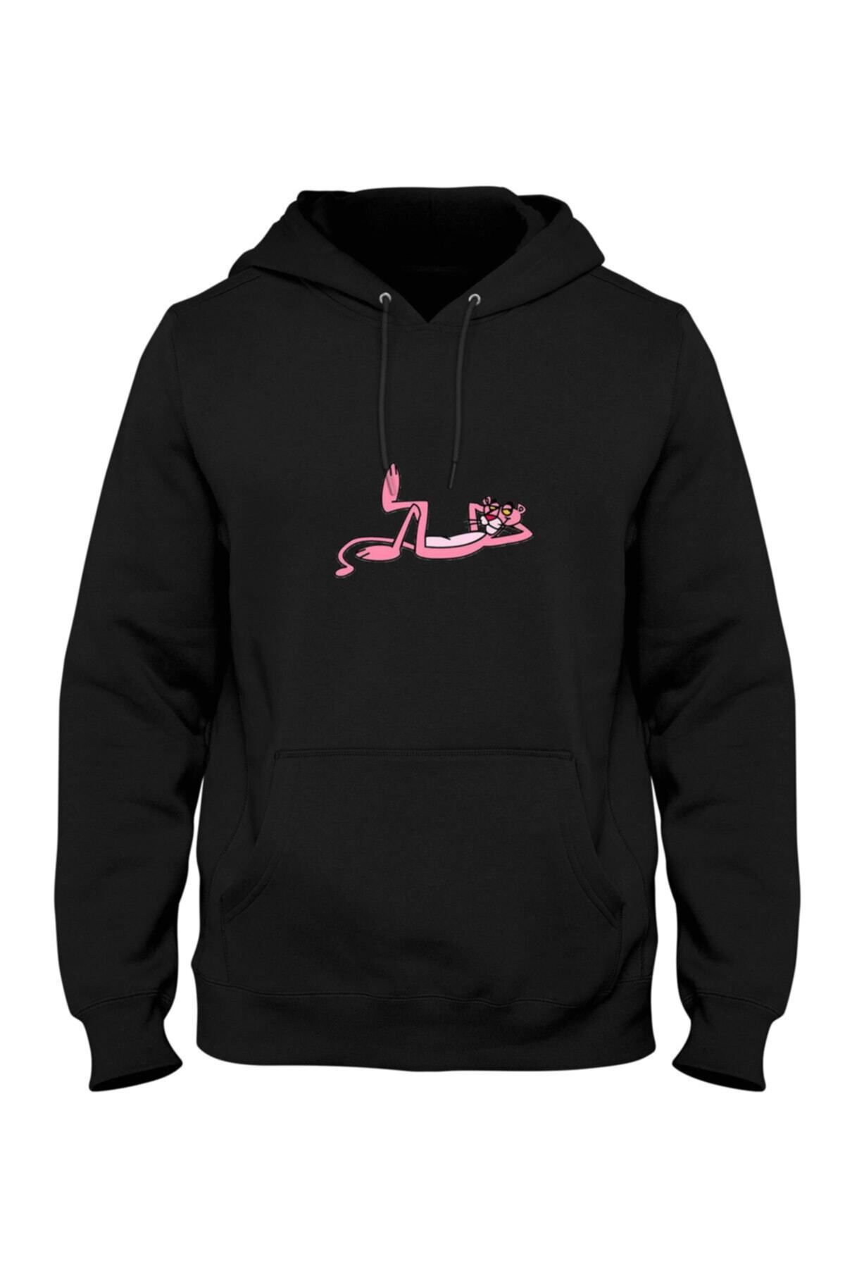 Pisa Art Pembe Panter Baskılı Kanguru Cepli Kapşonlu Sweatshirt Bll3051