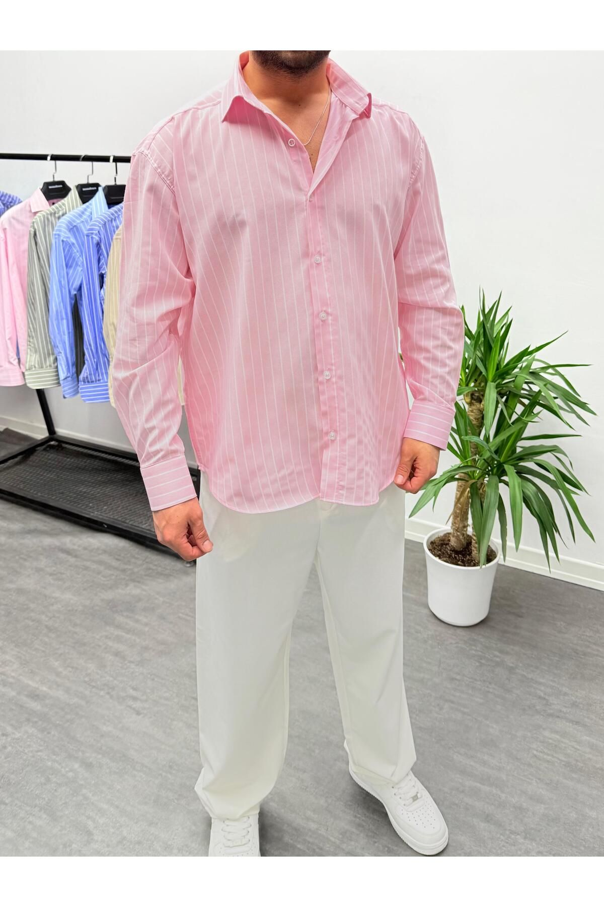 MENOFOURSWEAR Pembe Çizgi Detaylı Keten Oversize Gömlek