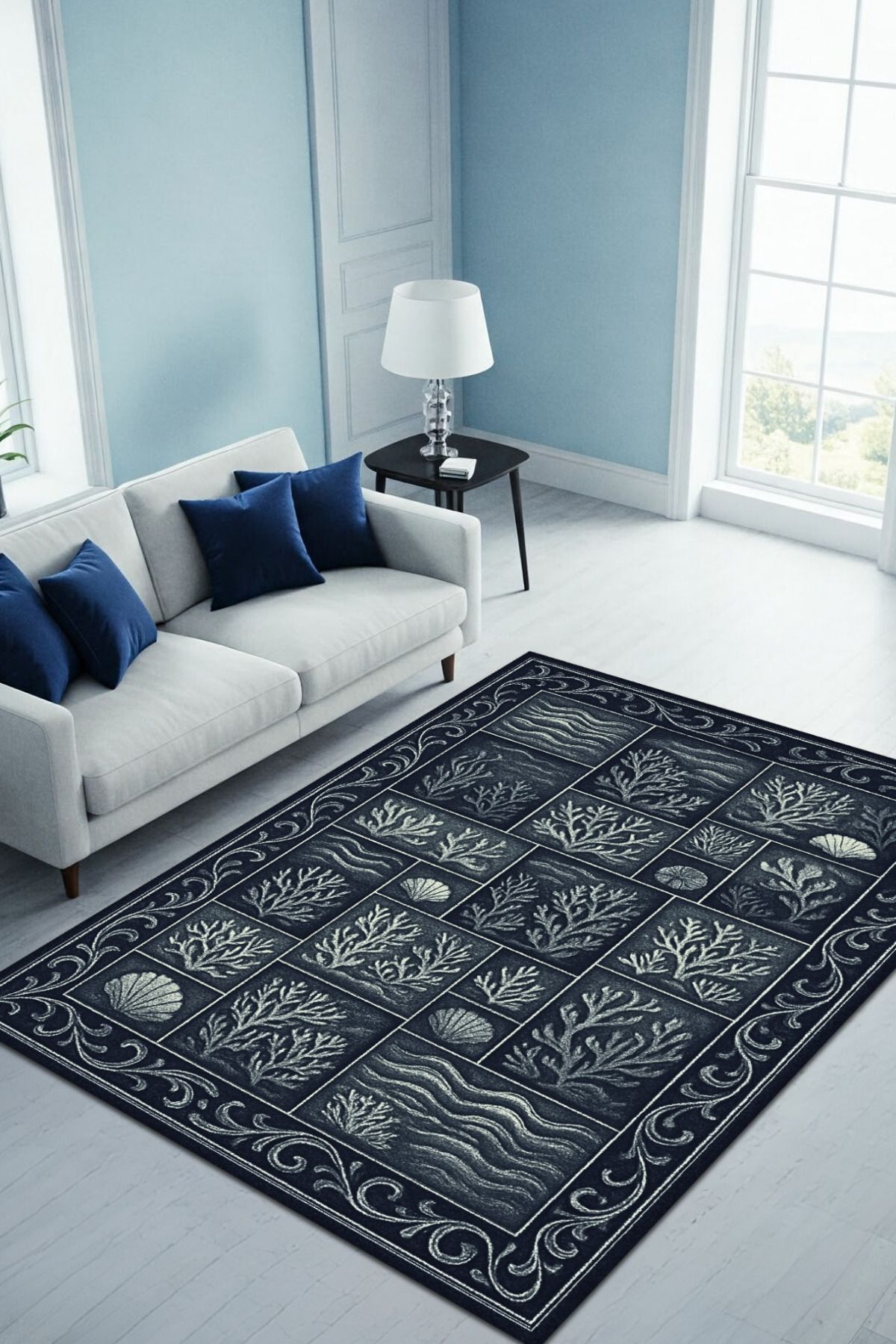 The Reef Design Siyah Mercan Desenli Patchwork Eskitme Halı Dijital Baskılı Kaymaz Yıkanabilir Salon Halısı