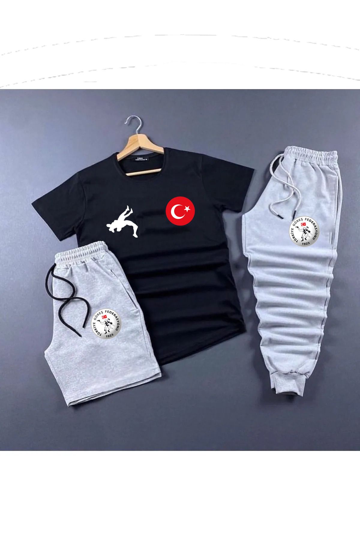 Pisa Art Güreş Türkiye Baskılı 3'Lü Set Oversize Tshirt Slim Şort ve Eşofman altı Kombini Unisex Tasarım