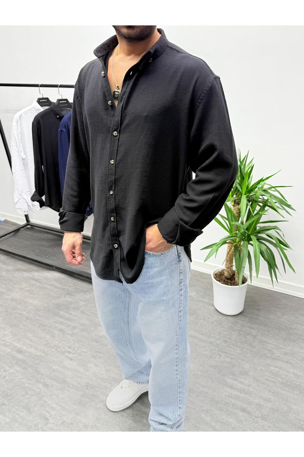 MENOFOURSWEAR Siyah Etamin Keten Oversize Gömlek