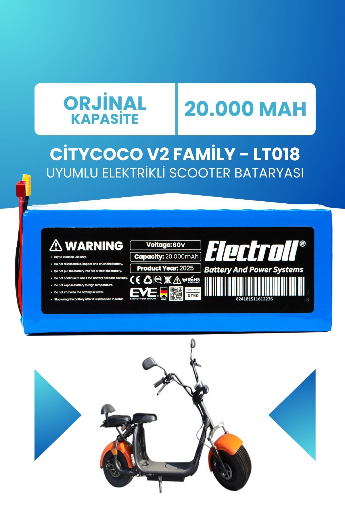 ELECTROLL Citycoco V2 Family - LT018 Batarya ( KAPASİTE) LiFePO4 60V 20AH Elektrikli Scooter Bataryası