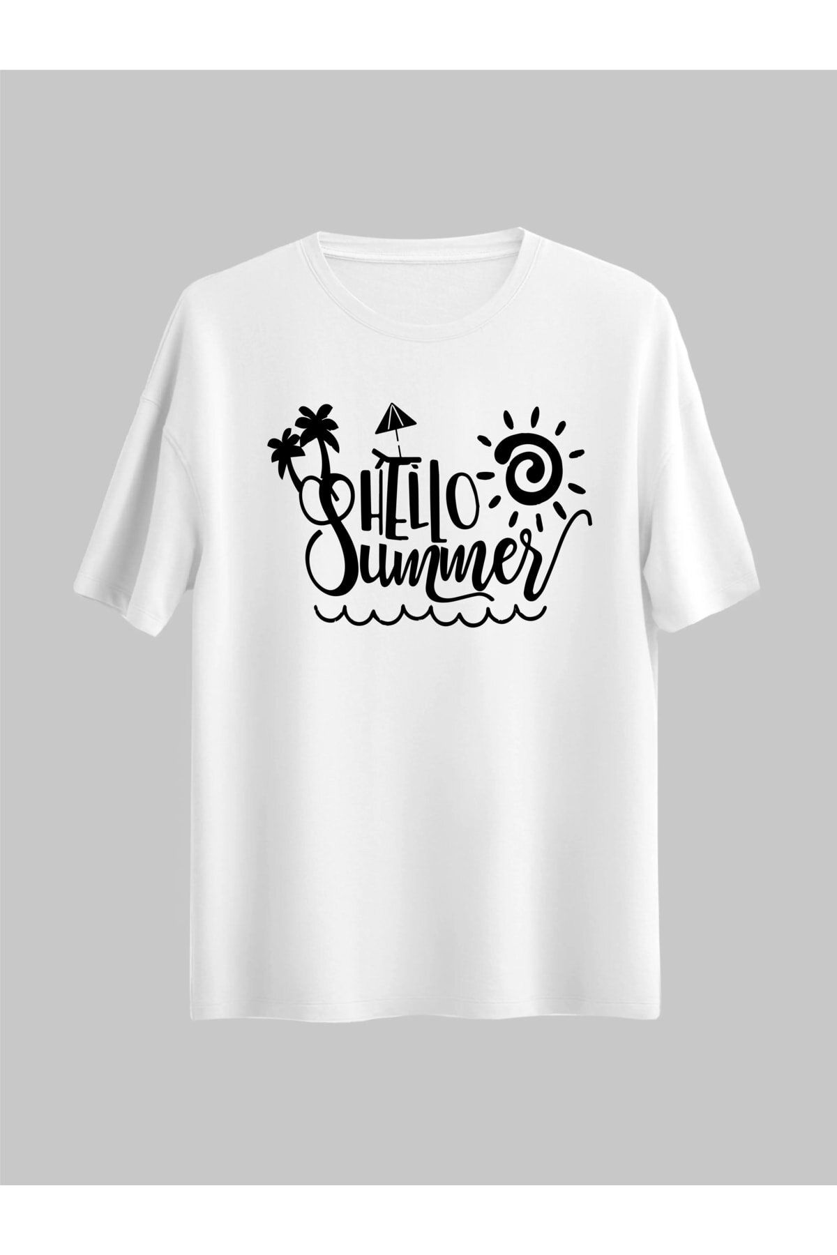 Pisa Art Hello Summer Yaz Tasarım Sahil Deniz / Gezi / Tatil / Uzun Yol Kombin Unisex Tshirt