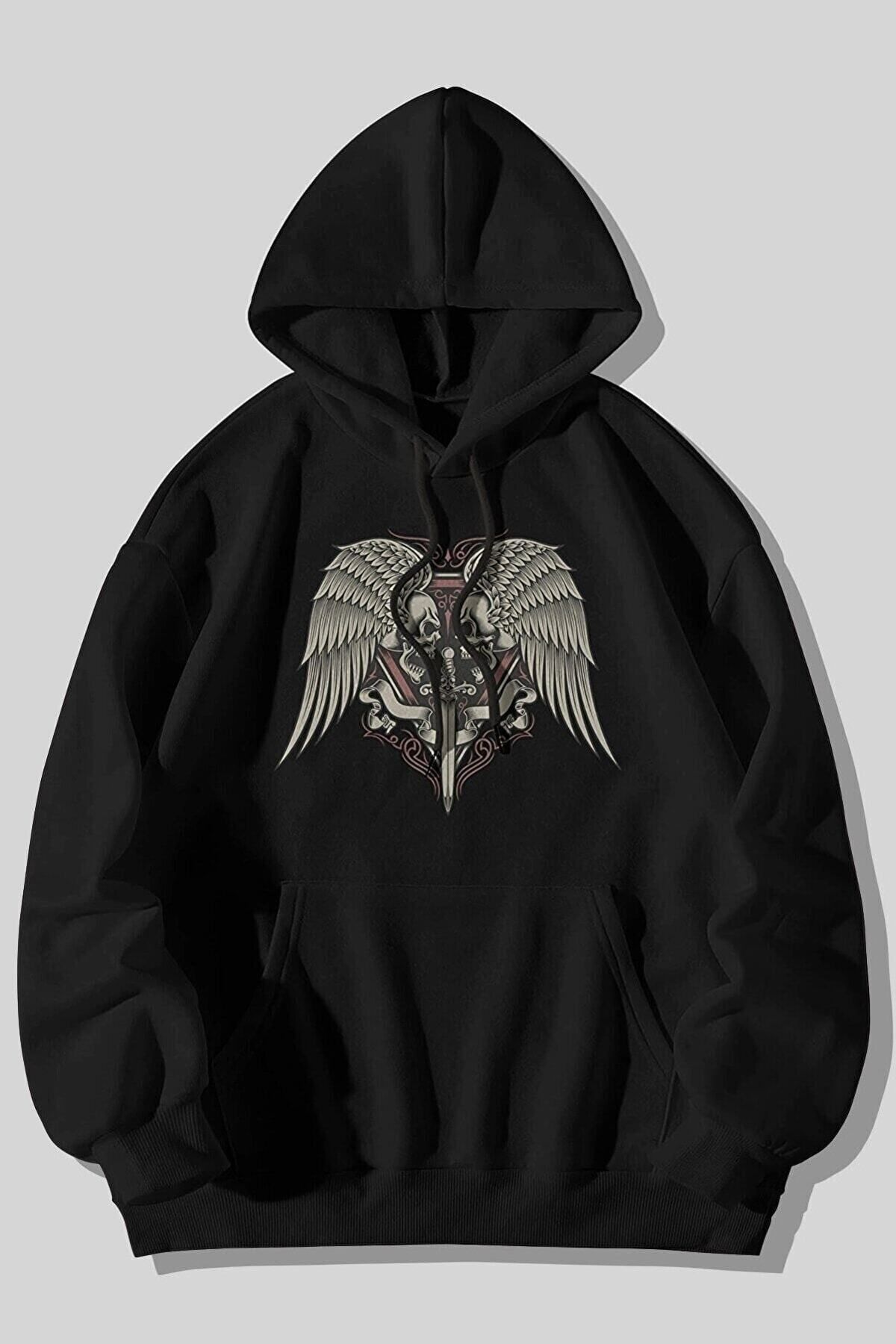Pisa Art Siyah Unisex Kılıç Baskılı Oversize Kapüşonlu Sweatshirt