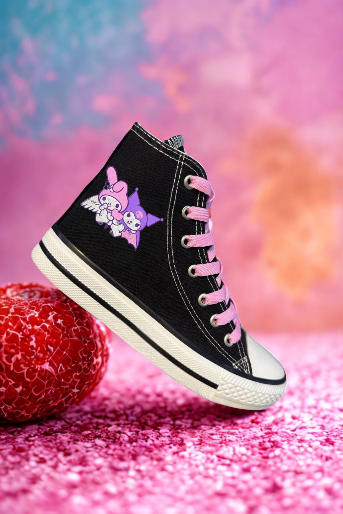 LEVENT ÖZCAN Kuromi Ve My Melody Baskılı, Pembe Bağcıklı, Siyah Bilekli Spor Ayakkabı Çocuk Sneaker