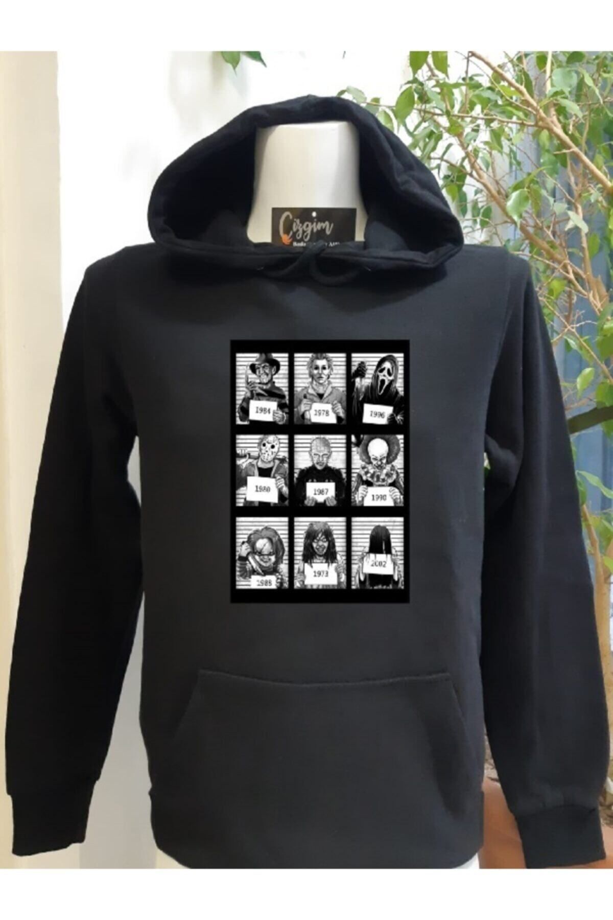 Pisa Art Unisex Siyah Kapüşonlu Horror (kolaj) Baskılı Sweatshirt