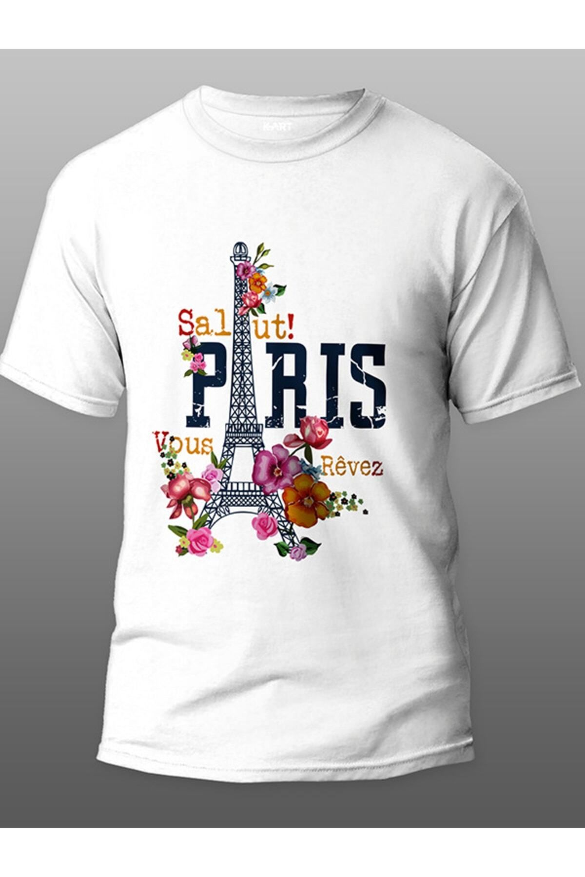 Pisa Art K-art Çiçekli Paris Tasarımlı Organik Unisex Beyaz Kişiye Özel Baskılı Tişört