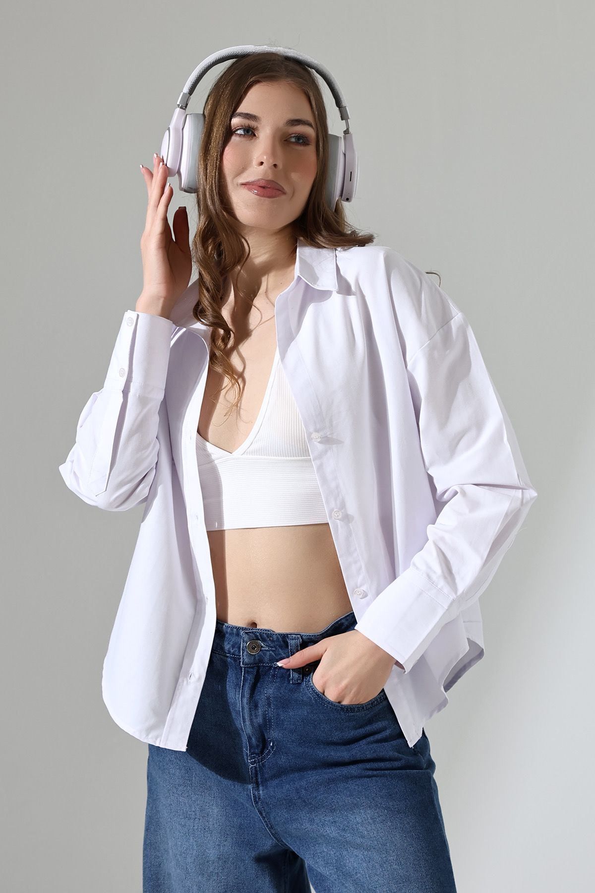Shop58 Kadın Gömlek Beyaz Renk Oversize Rahat Kesim Poplin Kumaş Gomlek