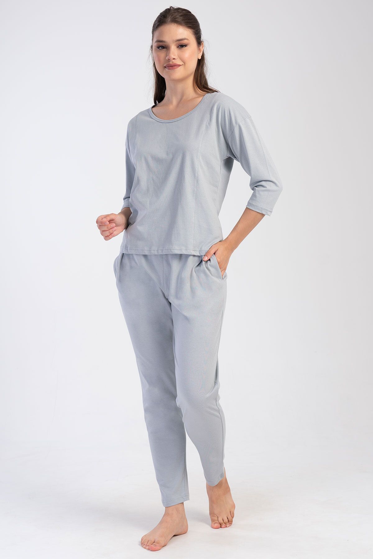 VİENETTA Pamuklu Kadın Düşük Omuzlu 3/4Kol Pılelı Pijama Takım , 403188