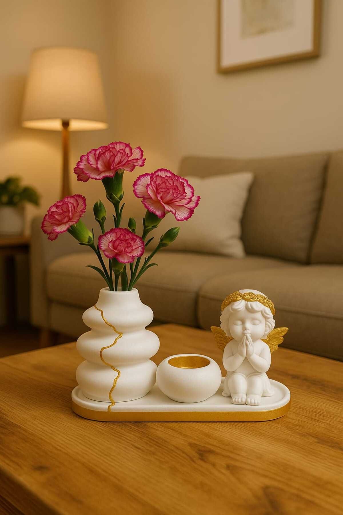 LİNETZA ÖZEL TASARIM ALTIN DESENLİ 4 LÜ BİBLO , MUMLUK, VAZO SET