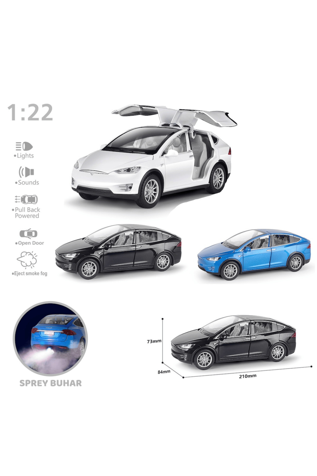 oruçoyuncak Tesla Model X Metal Araba 23 Cm Sesli Işıklı Kapılar