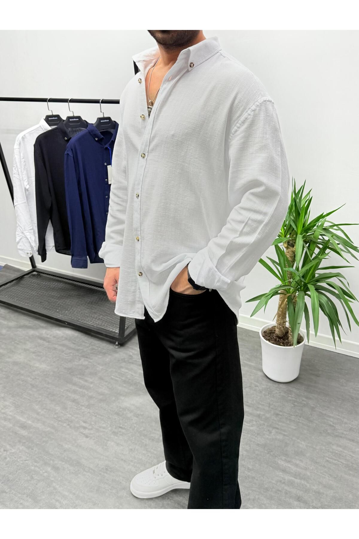 MENOFOURSWEAR Beyaz Etamin Keten Oversize Gömlek
