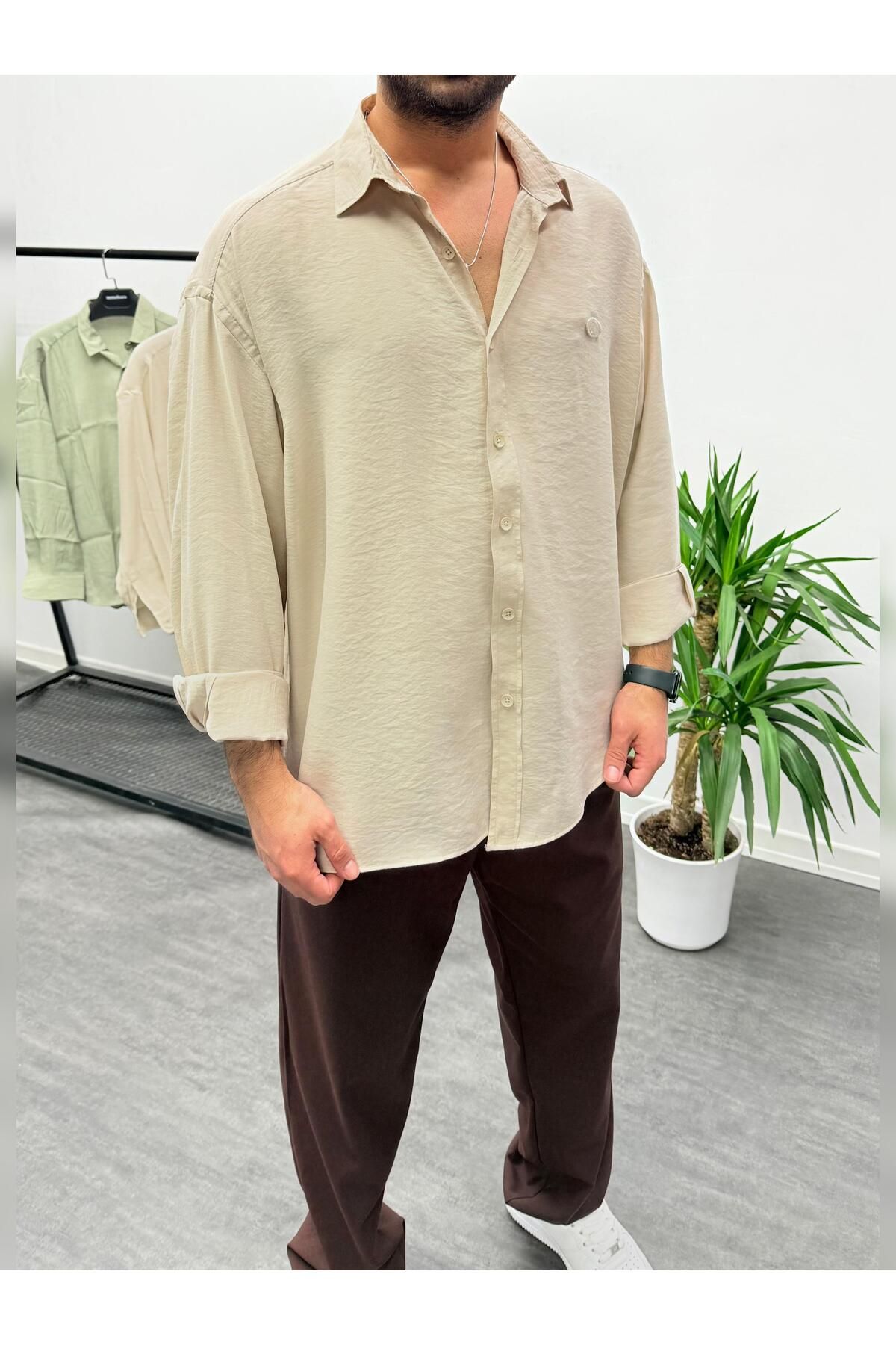 MENOFOURSWEAR Krem Modal Kumaş Oversize Gömlek