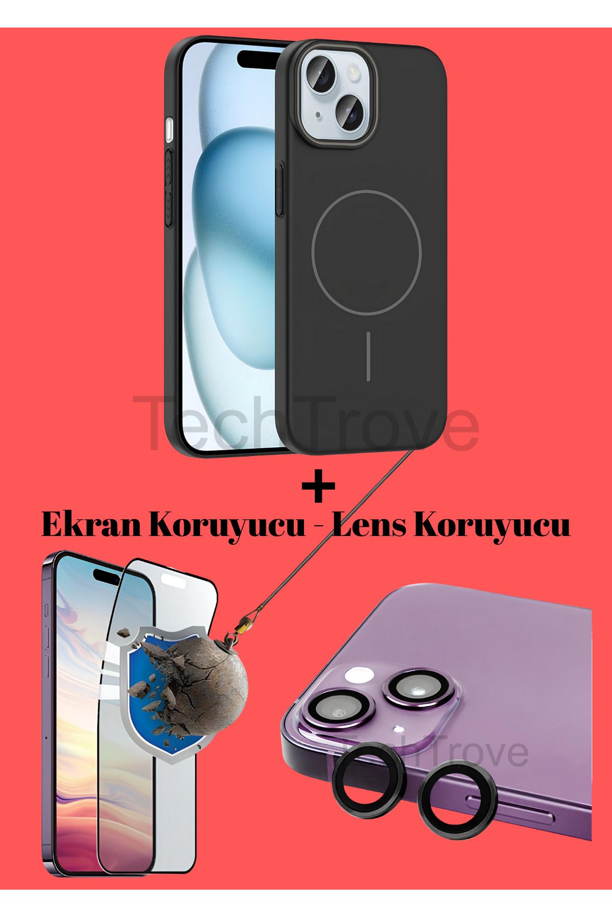 TechTrove Apple iphone 15 Kılıf Magsafe Özellikli Kamera Koruma ve Ekran Koruyucu 3'lü Set