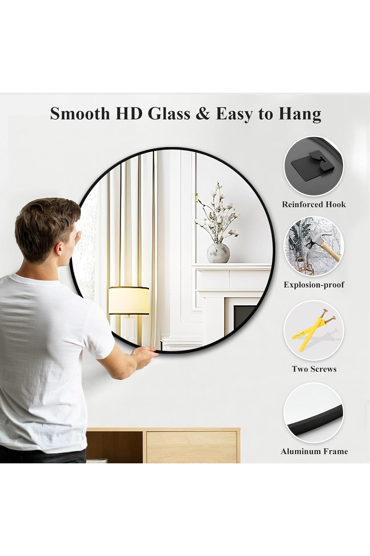 مرآة دائرية سوداء باطار معدني مقاس 50 × 50 سم مرايا جدارية لغرفة المعيشة، غرفة النوم، الحمام