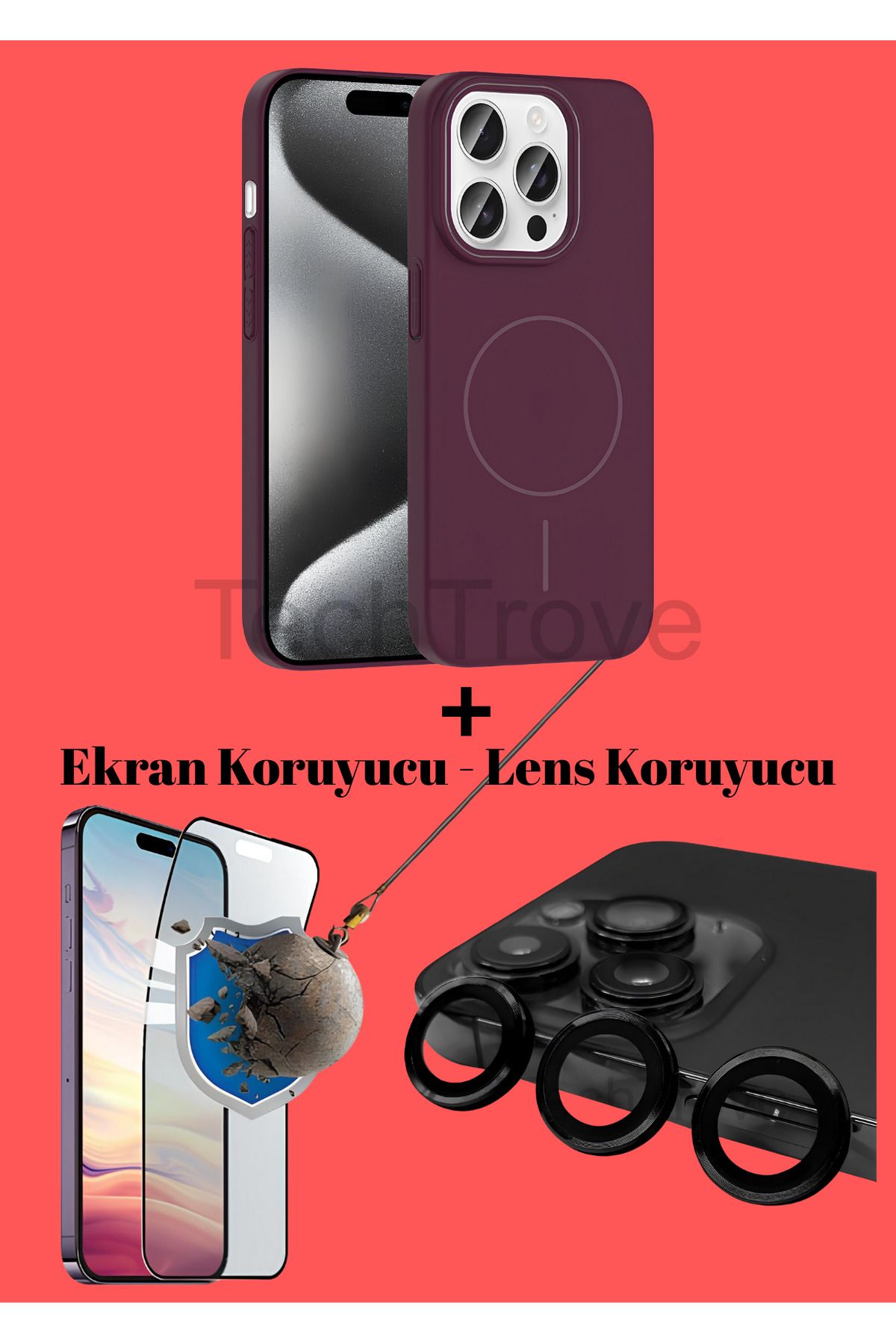 TechTrove Apple iphone 15 Pro Kılıf Magsafe Özellikli Kamera Koruma ve Ekran Koruyucu 3'lü Set