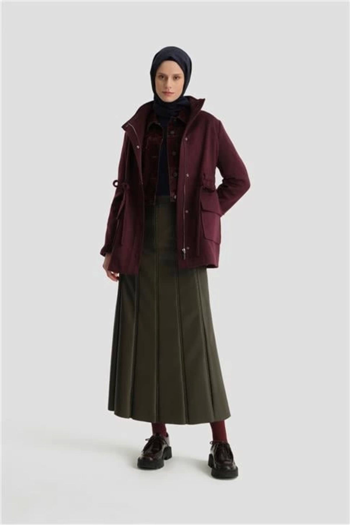 aradimtaradim Armine Beli Bağcıklı Kısa Kaban 24KH7528 Mürdüm