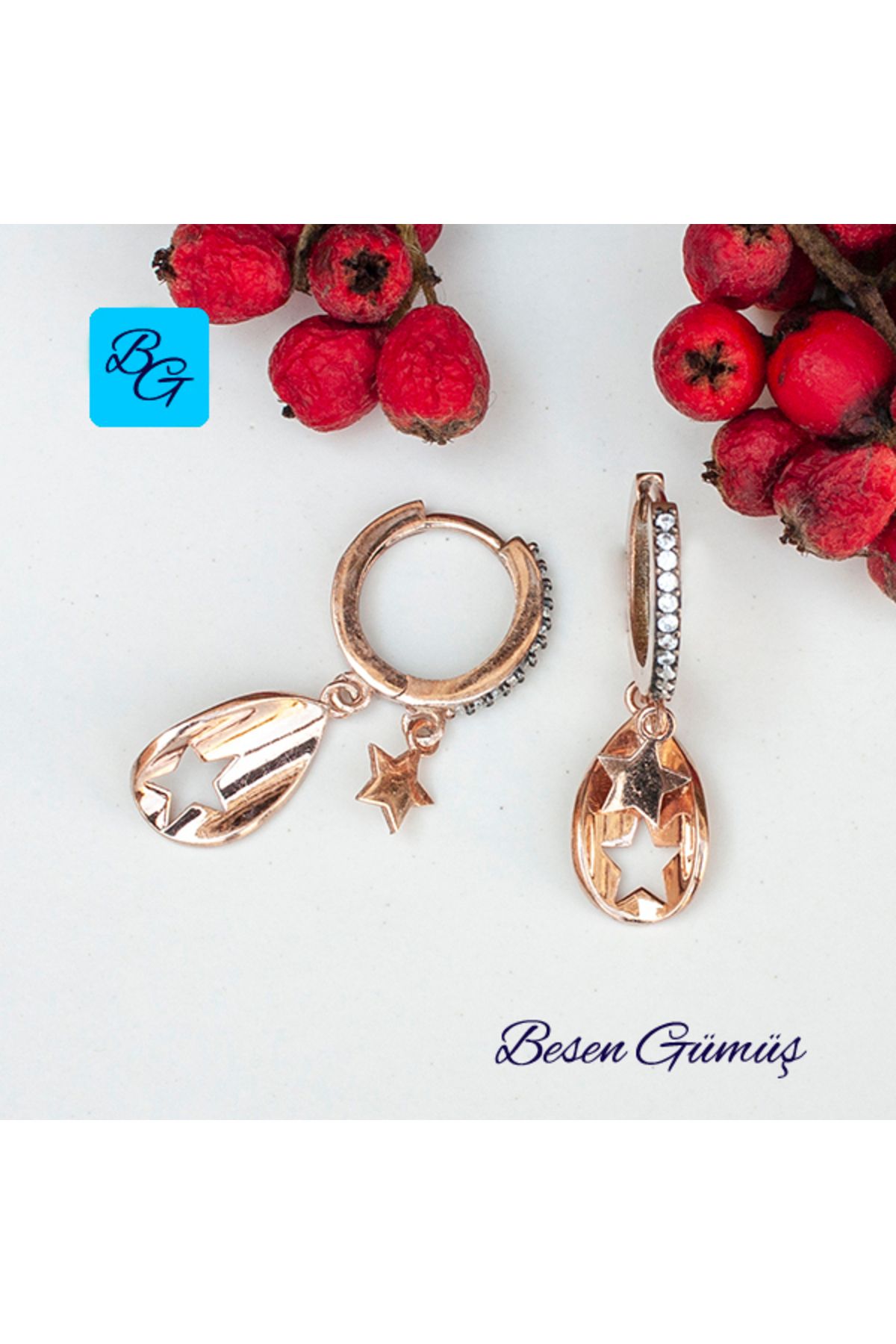 Besen Gümüş Oniks Taşlı İkili Yıldız Sallantılı Halka Küpe