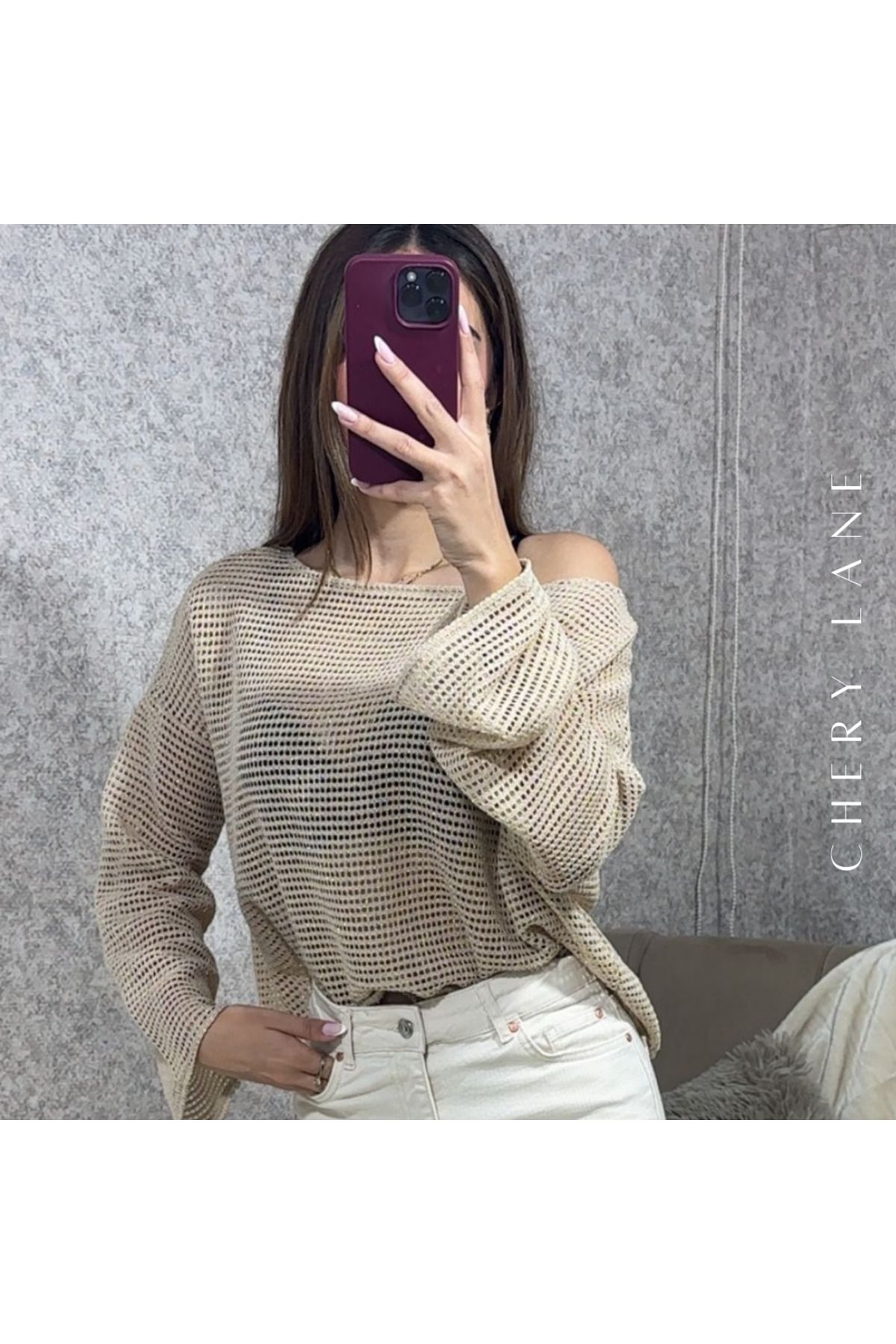 Cherry Lane Lurexli Kayık Yaka Ajurlu Desen Bluz