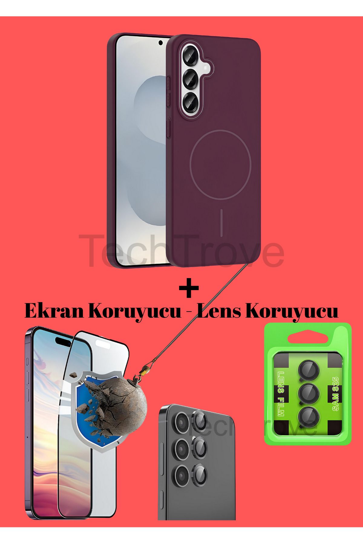 TechTrove Samsung Galaxy S25 Kılıf Magsafe Özellikli Kamera Koruma ve Ekran Koruyucu 3'lü Set