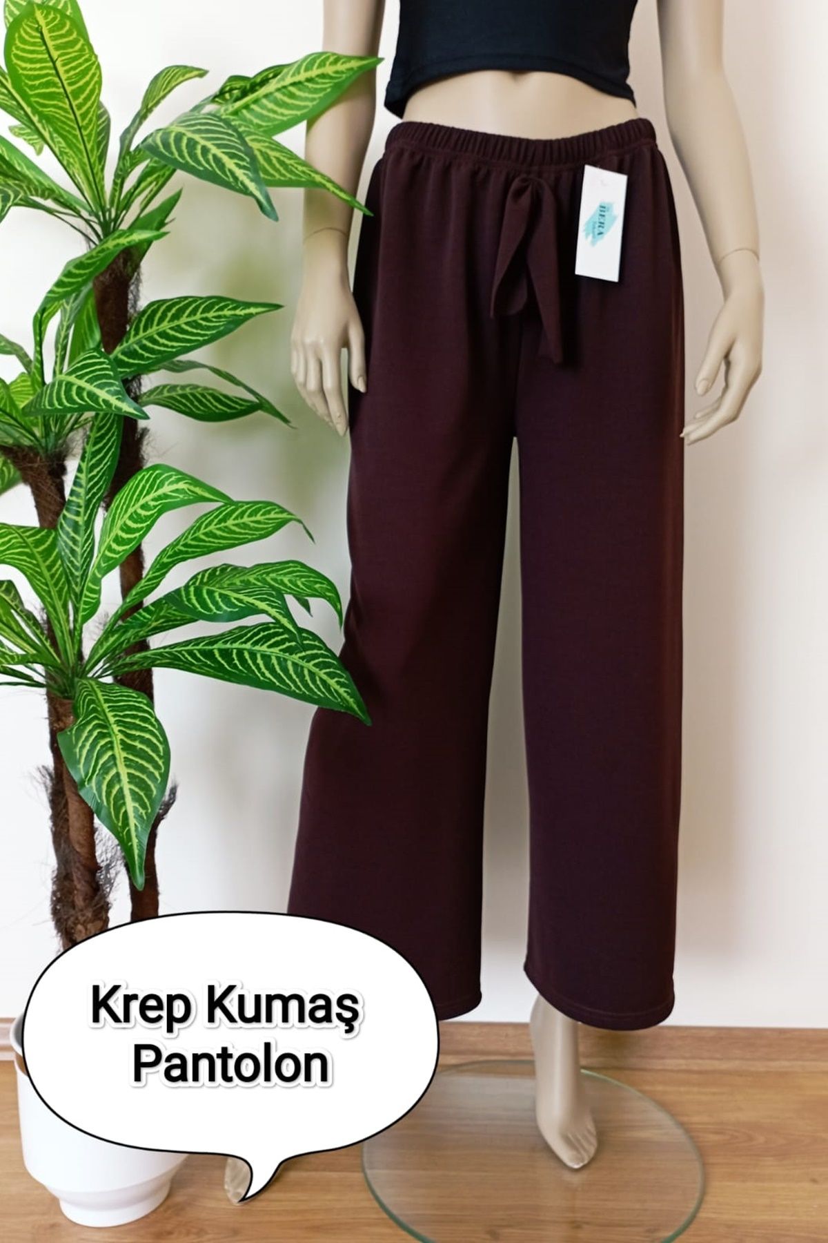 VİP BERA TEKSTİL Kadın Kahverengi Dökümlü Krep Kumaş Beli Lastikli Bol Paça Pantolon