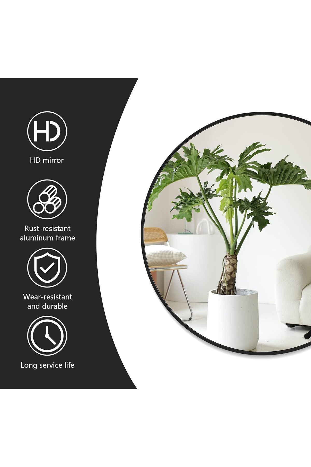 مرآة دائرية سوداء باطار معدني مقاس 50 × 50 سم مرايا جدارية لغرفة المعيشة، غرفة النوم، الحمام