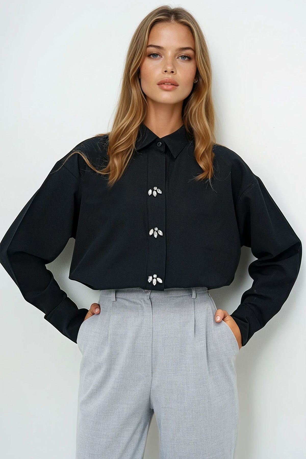 VAGGON Taş Düğmeli Oversize Poplin Gömlek