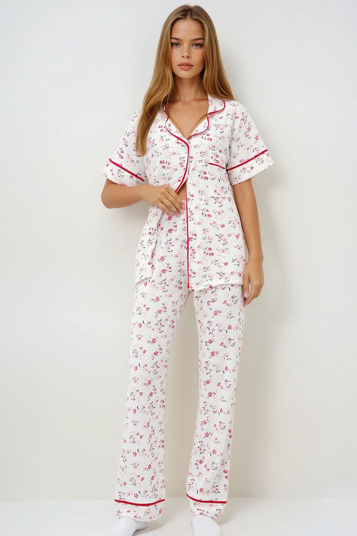 VAGGON Kadın Mikro Çiçek Nar Tek Cepli Biye Detaylı Pamuklu Gömlek Ve Pantolonlu Pijama Takımı