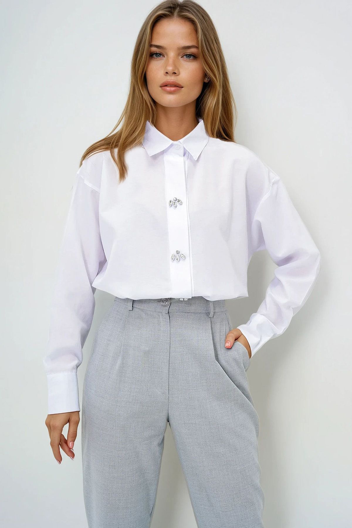 VAGGON Taş Düğmeli Oversize Poplin Gömlek