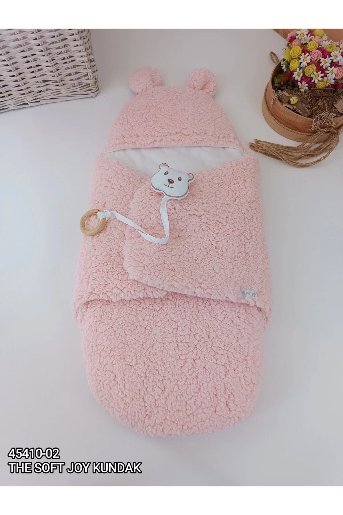 yusuftex Yenidoğan Kulaklı Şapkalı Açılır Kucaklı Cırt Kapamalı Bebek Battaniyesi Kundak Pembe