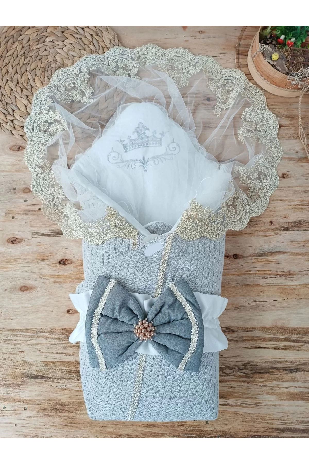 yusuftex Yenidoğan Tericotton Örgülü Trilüx Bebek Battaniyesi Kundak Gri